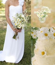 the bride is holding a bouquet of daisies in her hand and standing next to a wedding cake