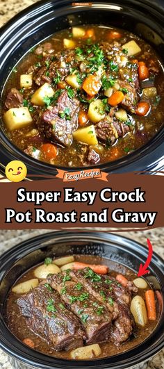 crock pot roast and gravy recipe in the slow cooker with text overlay