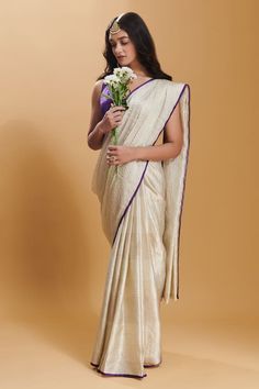 Ivory handwoven silk satin saree with all over stripe pattern, rippled textured detail and contrast purple border. - Aza Fashions Abhinav Mishra, Saree Women, Organza Silk Saree, Saree For Women, Satin Saree, Ivory Silk, Ivory Dresses, Satin Color, Handloom Saree