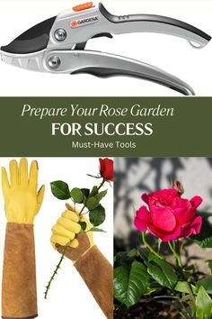 a pair of gardening shears with roses and gloves on them, the title says prepare your rose garden for success must have tools