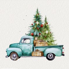 Christmas Retro Truck Tree Watercolor Cl Watercolour Christmas Tree, Truck With Christmas Tree, Retro Truck, Watercolour Christmas, Tree Watercolor, Watercolor Christmas Tree, Christmas Tree Truck, Christmas Retro, Watercolor Tree