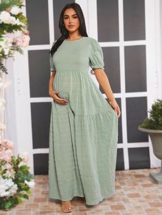 Maternity Solid Color Puff Sleeve Dress Green Casual  Short Sleeve Woven Fabric Plain A Line Non-Stretch  Maternity Clothing, size features are:Bust: ,Length: ,Sleeve Length: Pretty Maternity Dresses, Latest Maternity Dresses, Shein Maternity, Puff Sleeve Dress, Maternity Clothing, Woman Standing, Puffed Sleeves Dress, Pregnant Women, Maternity Dresses