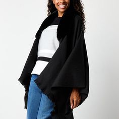 Feel snug and stylish on cold-weather days thanks to this Liz Claiborne women's large monochrome wrap. Made from a super-soft woven blend with a plush faux fur collar, this wrap is easy to slip on for an added layer of warmth over your favorite sweater and jeans. Scarf Length: 31 InScarf Width: 54 InFiber Content: 85% Polyester, 15% RayonFabric Description: WovenCare: Dry Flat, Hand WashCountry of Origin: Imported Chic Black Wool Cape, Cozy Black Shawl One Size, One Size Cozy Black Shawl, Cozy Black One-size Shawl, Chic Oversized Shawl For Winter, Chic Oversized Winter Shawl, Oversized Black Shawl For Fall, Black Wool Poncho For Fall, Black Wool Outerwear With Faux Fur Trim