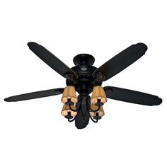 a black ceiling fan with four light bulbs on it's blades and two wooden arms