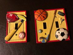 two wooden trays with sports themed items on them, one is red and the other is yellow