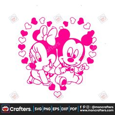 mickey and minnie kissing in the middle of hearts with pink inking on white paper