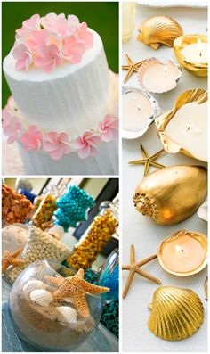 the collage shows different types of seashells, candles and other decorative items