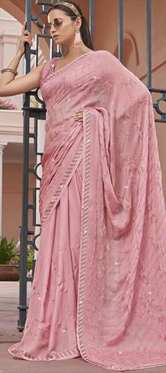 Pink and Majenta color Saree in Chiffon fabric with Stone, Swarovski work Chiffon Wedding Saree With Self Design, Wedding Chiffon Saree With Self Design, Chiffon Blouse Piece With Self Design For Wedding, Wedding Chiffon Blouse Piece With Self Design, Festive Saree, Reception Saree, Stone Work, Blouse Length, Chiffon Fabric