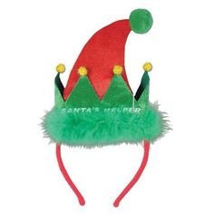 Santa's Helper Headband. Perfect item for the person who is dressing up as Santa's Helper! This headband looks like a red and green elf hat trimmed with green marabou, gold and green pom poms and is attached to a red headband. Available size: One size fits most. Elf Headband, Santa's Helper Costume, Festival Headband, Headband Wrap, Red Headband, Santa's Little Helper, Santa Helper, Christmas Headband, Elf Hat