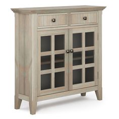 a wooden cabinet with glass doors on the top and bottom drawers, in grey wood