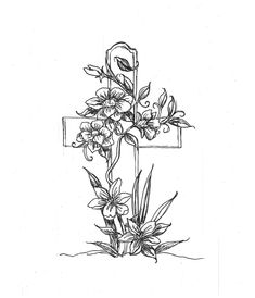 a cross with flowers and leaves on the side, drawn by hand in black ink