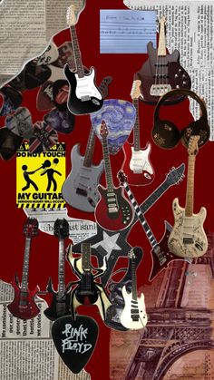 a collage of guitars and music memorabilia