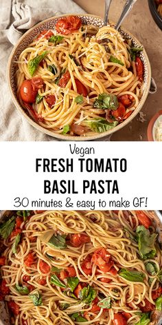 two pictures showing different types of pasta with tomatoes, basil and parmesan cheese