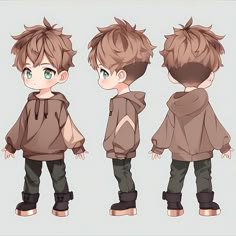 three different views of a young boy with short hair and green eyes wearing brown hoodie