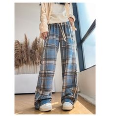 N-186-1 Casual Wide-leg Pants For Winter, High Waist Casual Pants For Winter, Casual High Waist Pants For Winter, Casual Baggy Plaid Bottoms, Casual Cotton Plaid Pants, Casual Plaid Cotton Pants, Casual High Waist Winter Bottoms, Casual High Waist Bottoms For Winter, Casual High-waist Winter Bottoms