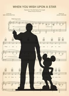 an image of a man and child with sheet music in the background, which reads when you wish upon a star