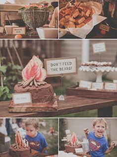 a collage of photos showing different types of cakes and pastries at a children's birthday party