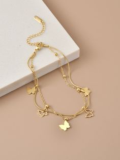 Braslet For Women's, Gold Butterfly Jewelry Set, Bracelets Designs For Women, Aesthetic Handmade Jewelry, Gold Chain Bracelet Women, Minimalist Accessories Jewellery, قلادات متدلية, Anklet Designs, Pretty Jewelry Necklaces