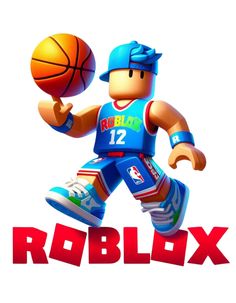 a cartoon character holding a basketball in his right hand, with the word roblox below it