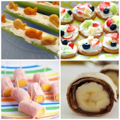 four different pictures with food on them including fruit, pretzels and desserts