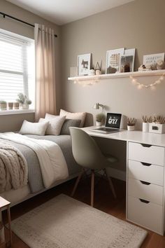 a bedroom with a bed, desk and shelves on the wall in front of it