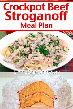 crockpot beef stroganonoff meal plan on a white plate with text overlay