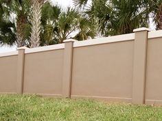 a dog is standing in front of a fence with palm trees on the other side