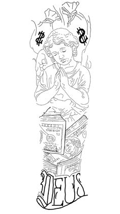 a black and white drawing of a woman praying with money on her head in the background