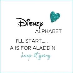 the disney alphabet is written in blue and white with a heart on it's left side