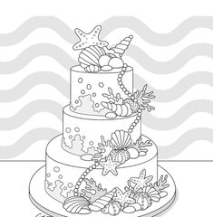 a three tiered cake decorated with seashells and starfish on a plate