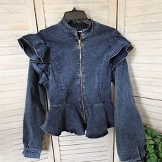 Fashion Nova Denim Peplum Jacket Nwt! Size: M Front Zipper, Ruffles At Top Of Sleeves, Peplum Bottom Brand New With Tags! Fitted Medium Wash Denim Top With Ruffles, Long Sleeve Denim Jacket With Ruffles For Fall, Trendy Ruffled Denim Top For Fall, Fall Denim Outerwear With Ruffles, Fall Denim Jacket With Ruffles, Casual Fitted Outerwear With Ruffles, Ruffled Denim Blue Denim Jacket, Casual Fitted Denim Jacket With Ruffles, Fitted Denim Outerwear With Ruffles