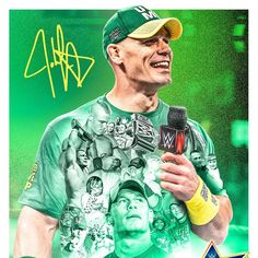 a man holding a microphone in front of a green background with the words wwe on it