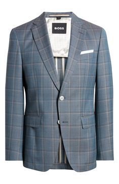 A smart plaid patterns a sport coat tailored from virgin wool and framed with notched lapels for timeless sophistication. 29 1/2" length (size 42R) Notched lapels Nonfunctional four-button cuffs Chest welt pocket; front flap pockets Side vents Partially lined, with taped seams 100% virgin wool Dry Clean Made in Turkey Hugo Boss/BOSS/HUGO has received the Fair Labor Association accreditation, which signifies that the company has effective systems and procedures in place to successfully uphold fai Fitted Plaid Sport Coat For Semi-formal Occasions, Semi-formal Fitted Plaid Sport Coat, Fitted Plaid Blazer With Welt Pockets, Fitted Plaid Tweed Jacket With Single Button, Fitted Plaid Sport Coat With Notch Lapel, Fitted Plaid Sport Coat With Concealed Placket, Formal Plaid Suit With Lapel Collar, Tailored Plaid Sport Coat With Suit Collar, Tailored Plaid Blazer With Concealed Placket