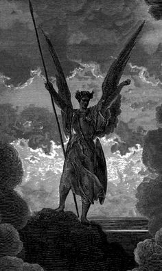 an angel standing on top of a rock holding a spear in his hand, vintage line drawing or engraving illustration