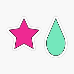 a pink and green star next to a water drop sticker on a white background