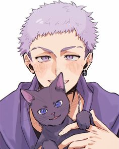 a man holding a cat in his hands with purple hair and blue eyes, while wearing a purple shirt