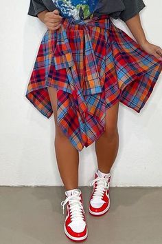 Multicolor Street Plaid Print Patchwork Asymmetrical Plus Size Plus Size Trousers, Valentines Lingerie, Vintage Summer Dresses, Crop Top Dress, Street Design, Lace Dress Long, Chic Pink, Long Sleeve Short Dress, Long Sleeve Lace Dress