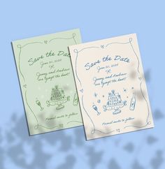 two wedding cards on a blue and green background