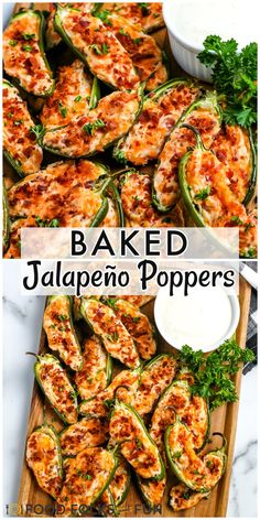 baked jalapeno poppers on a cutting board with sauce and parsley