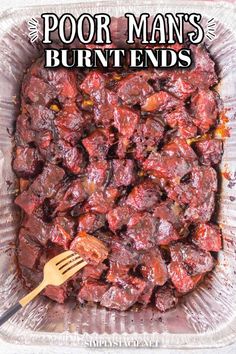 a plastic container filled with cooked meat and text overlay reads poor man's burnt ends