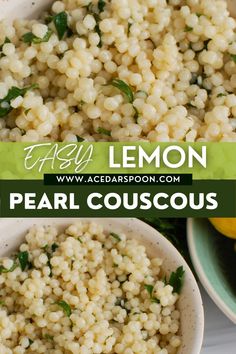 lemon pearl couscous in a white bowl with basil leaves on top and the words easy lemon pearl couscous above it