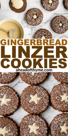 gingerbread linzer cookies with icing on top and the words gingerbread linzer cookies above them