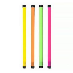 three neon colored pencils are lined up in a row and one is black, the other is yellow