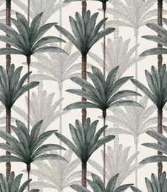 a wallpaper with palm trees and leaves in grey, green and white colors on a cream background