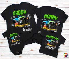 two shirts with monster trucks on them for the birthday boy and his sister's first birthday