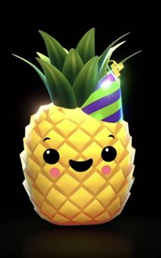 a pineapple with a party hat on it's head is shown in the dark