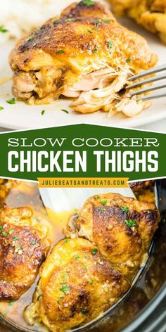 Looking for a main course idea for dinner? This Slow Cooker Chicken Thighs recipe features tender, juicy seasoned chicken thighs made in your Crock Pot. This tasty protein main dish goes well with tons of different side dishes. Pin this chicken dish! Chicken Hindquarters In Crockpot, Easy Chicken Thigh Recipes Crockpot Slow Cooker, Chicken Thighs In Crock Pot Recipes, Delicious Crock Pot Recipes, Chicken Thigh Recipes For Crockpot, Crockpot Thighs Bone In, Rustic Slow Cooker Chicken, Healthy Crockpot Chicken Thighs, Chicken Thigh Recipe Crockpot