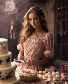 a woman standing in front of a table with cakes and cupcakes on it