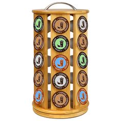 a wooden holder with six different types of coffee cups on the front and back sides