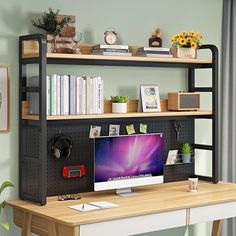 a computer monitor sitting on top of a wooden desk